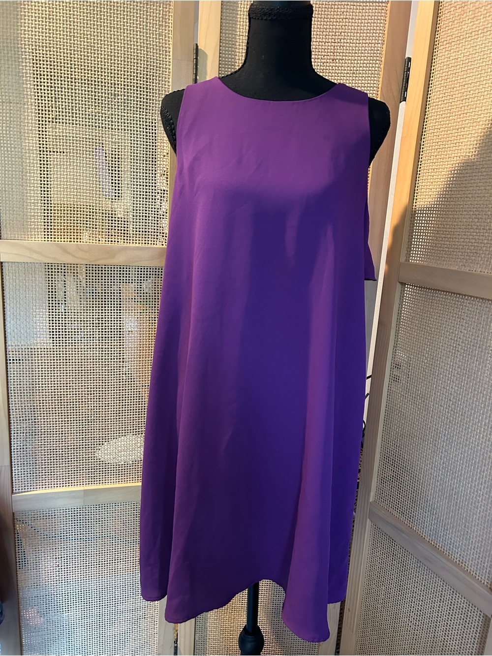 LOFT Purple Sleeveless Swing Dress Open Ruffle Back Asymmetric Hem Size M NWOT
